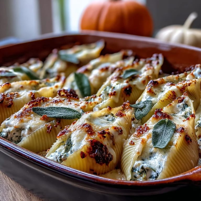 A close up view of baked Pasta Shells featuring melted cheeses and a rich brown butter sage Alfredo. 