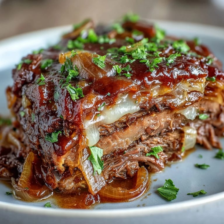 Tender slices of Savory Crock Pot French Onion Pot Roast topped with gooey cheese over sweet caramelized onions.
