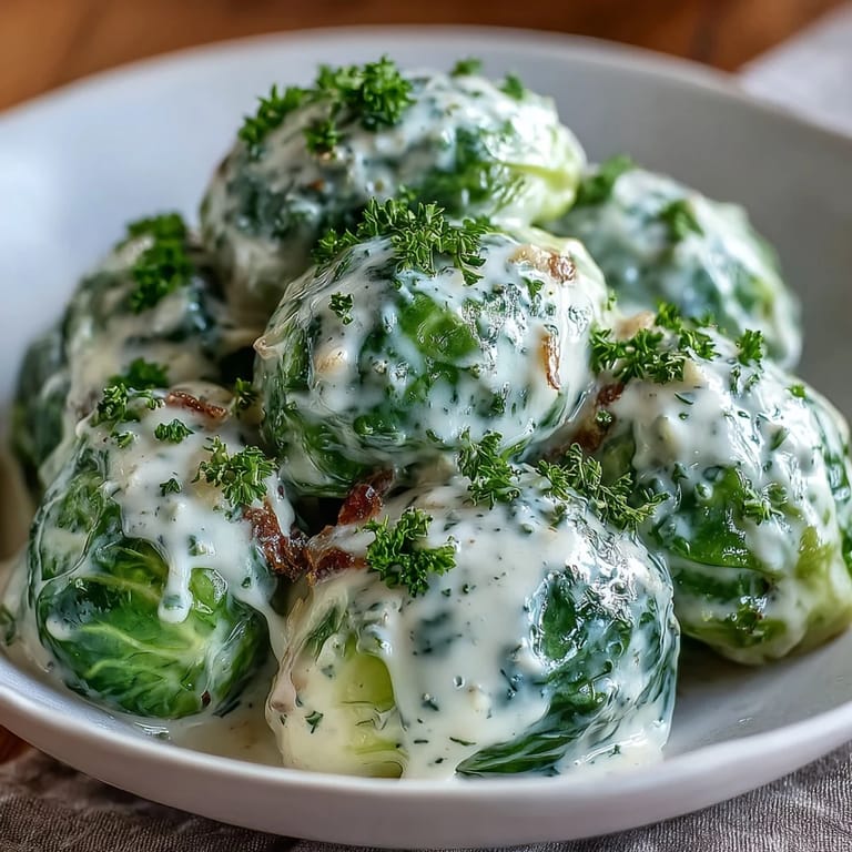 Freshly cooked Brussels sprouts tossed in velvety cream cheese mustard sauce with garlic and parsley garnish.