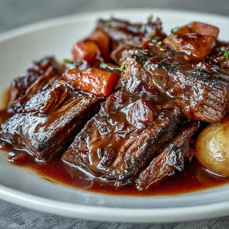 Juicy slices of slow-braised beef pot roast served with buttered noodles and fresh parsley garnish.