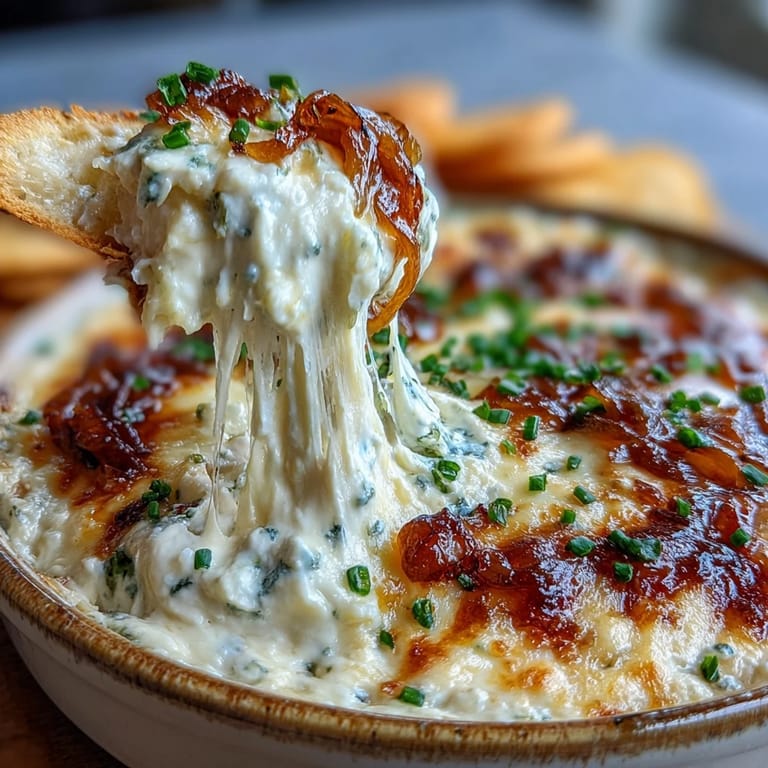 Creamy Smoked Gouda & Onion Dip served warm in a skillet, garnished with fresh chives.