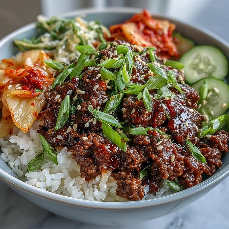 Spicy Korean Beef Bowl topped with crisp cucumber, radish, and tangy kimchi, served with chopsticks on the side.