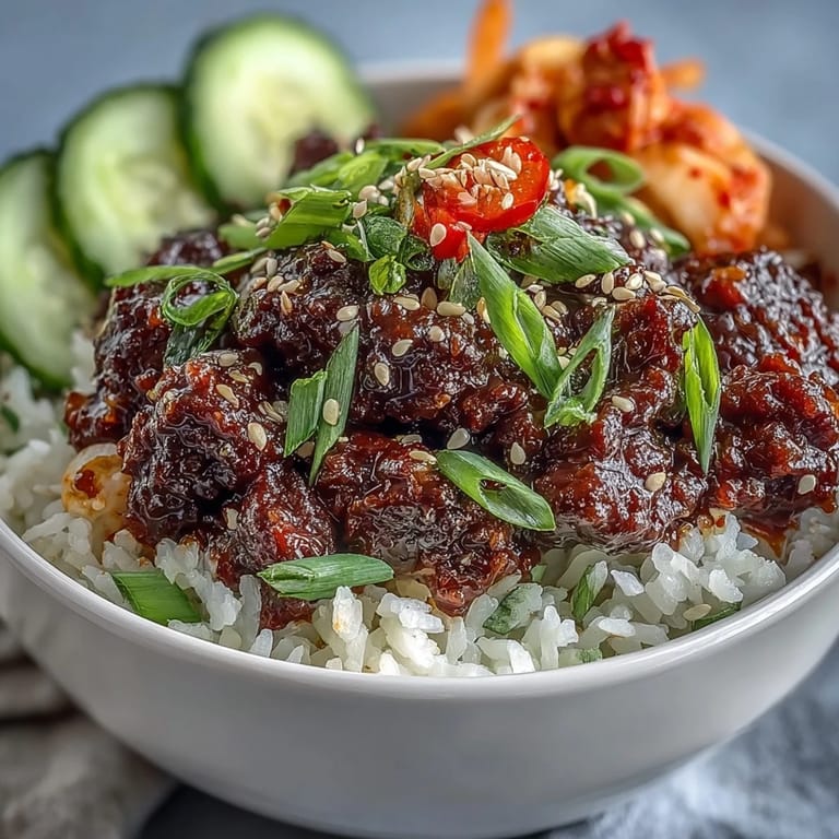 Assembled Korean Beef Bowl featuring quick-pickled carrots and daikon, sesame seeds, and vibrant colors for a weeknight dinner.