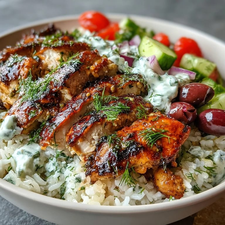 Freshly prepared Greek Chicken Bowl served with lemon wedges, dill garnish, and vibrant Mediterranean ingredients on a rustic plate.