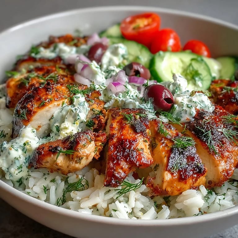 Close-up of a hearty Greek Chicken Bowl featuring tender sliced chicken, fluffy rice, and a generous dollop of cool tzatziki.
