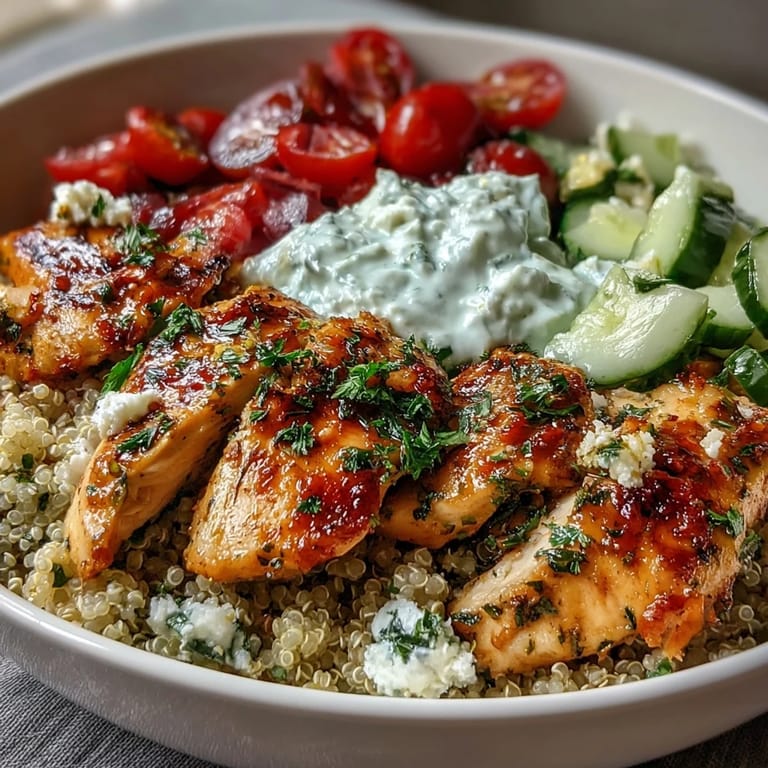 A protein-packed Greek Chicken Power Bowl topped with crisp cucumbers, Kalamata olives, and fresh parsley over quinoa.