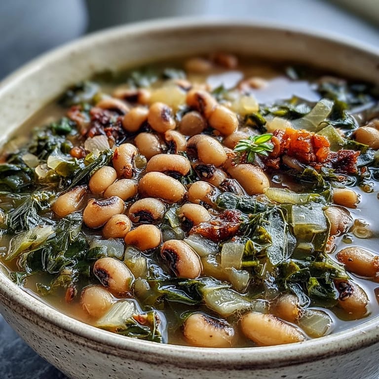 A ladle of Black-Eyed Peas With Collard Greens over fluffy rice with smoked paprika and tender greens.