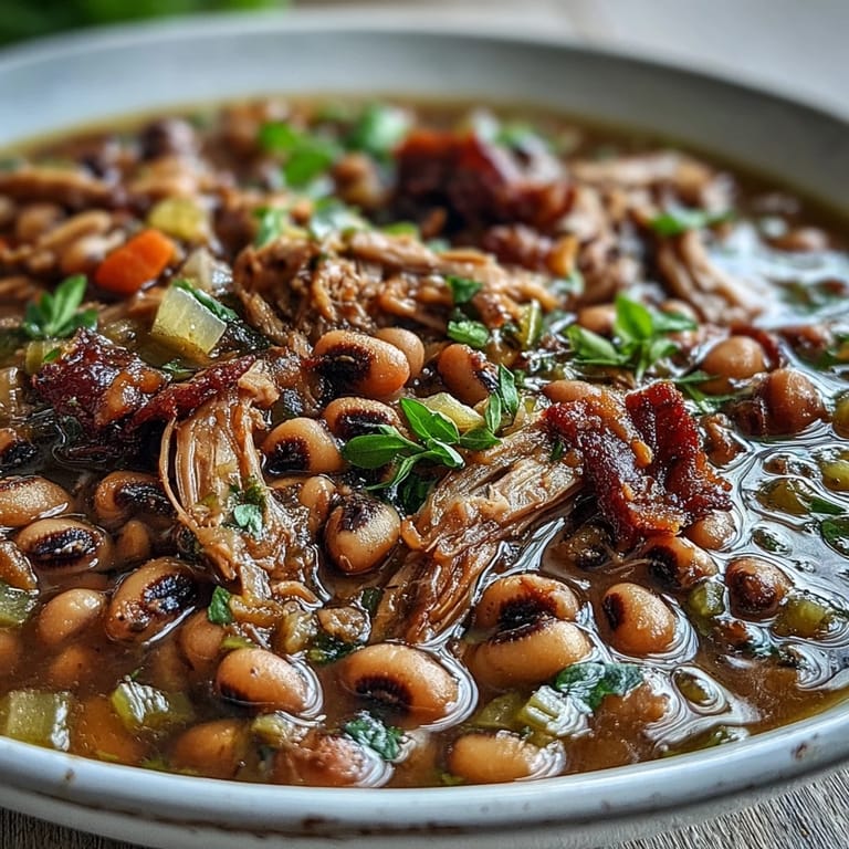 Southern-style Black-Eyed Peas With Smoked Turkey in a rustic bowl, garnished with parsley and hot sauce.