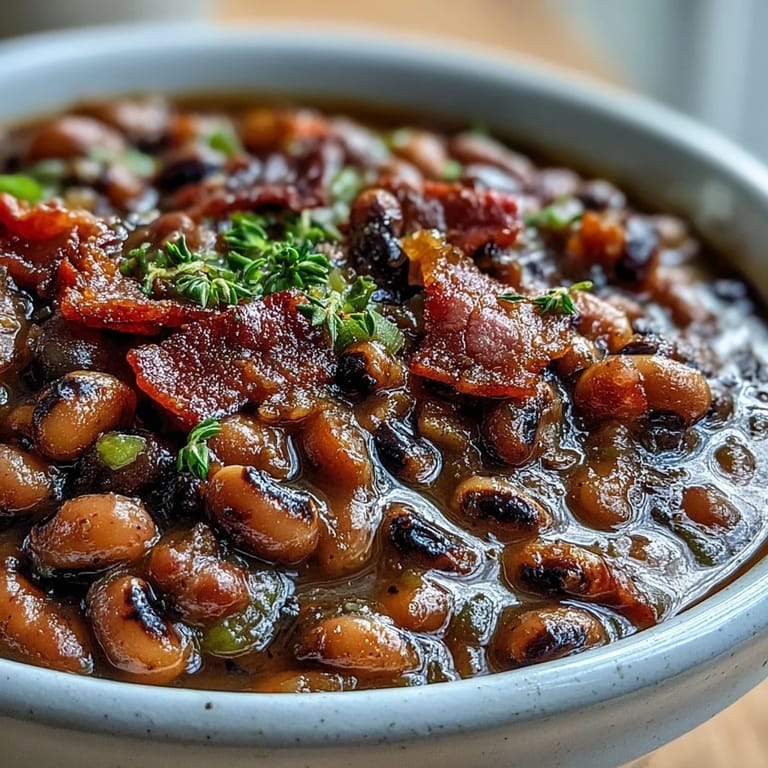Smoky Texas Black-Eyed Peas simmer with bacon, jalapeños, and tomatoes in a rustic Dutch oven.