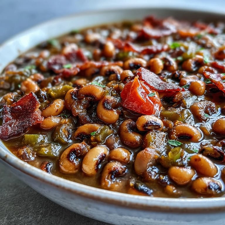 A ladle lifts creamy Texas Black-Eyed Peas, garnished with cilantro, beside a slice of cornbread.