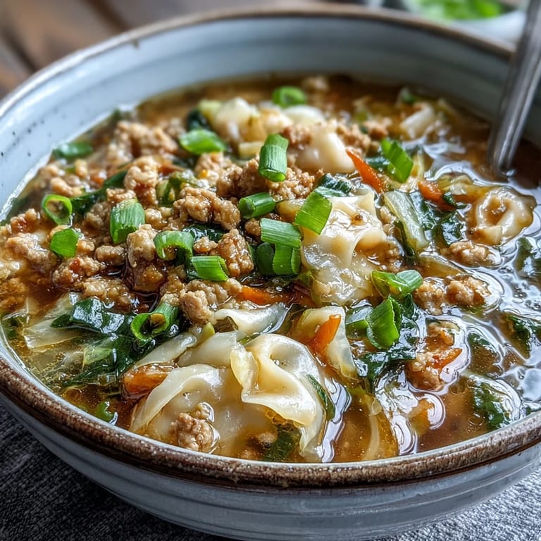 A hearty bowl of One-Pot Egg Roll Soup, rich with savory ground pork, crisp vegetables, and a delicate egg drop swirl.