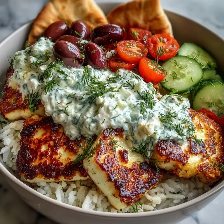 Sizzling Greek Halloumi Power Bowl served with warm pita wedges and fresh dill garnish.