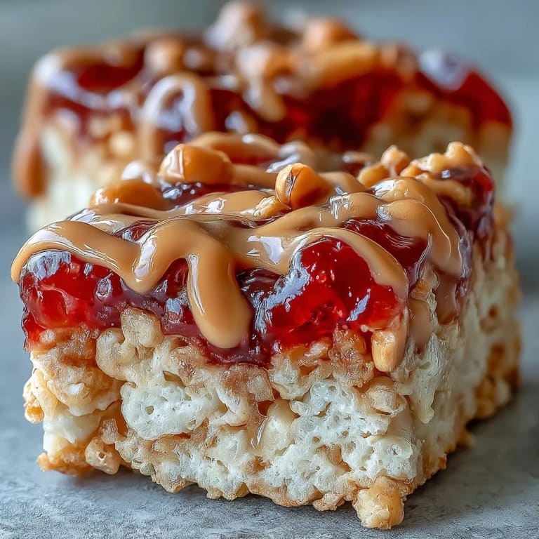 A close-up of High-Protein PB&J Rice Krispie Bars reveals melted jelly swirls and a rich peanut butter protein topping.