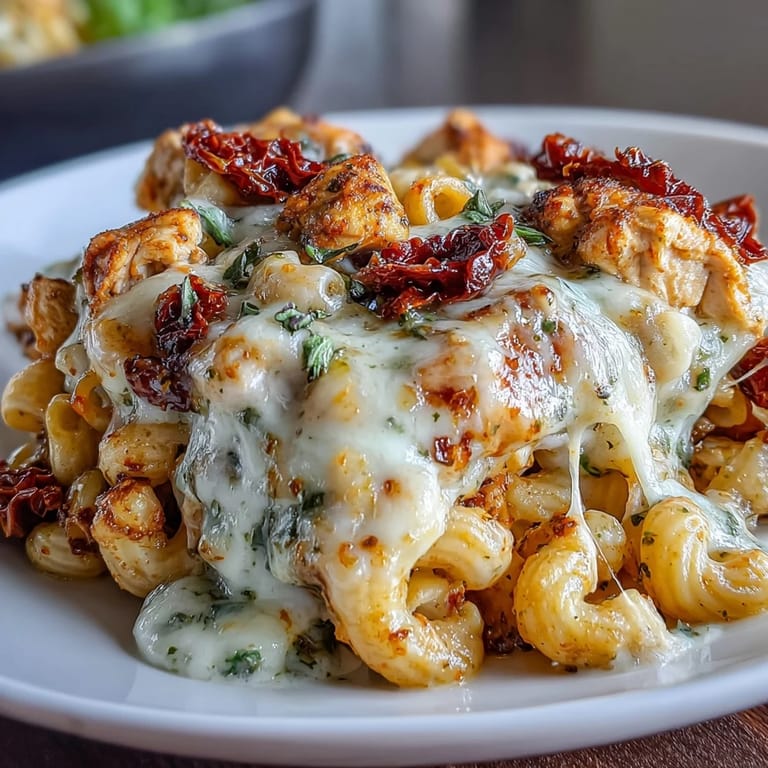 Creamy Pesto Chicken Chili Mac garnished with fresh basil, Parmesan, and a dusting of red pepper flakes.