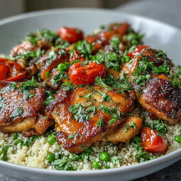 Steam rises from this One-Pan Garlic Butter Chicken Couscous, garnished with fresh parsley and lemon zest near a rustic wooden spoon.