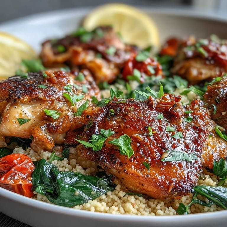 A steaming skillet of One-Pan Garlic Butter Chicken Couscous, garnished with fresh parsley and lemon wedges for serving.
