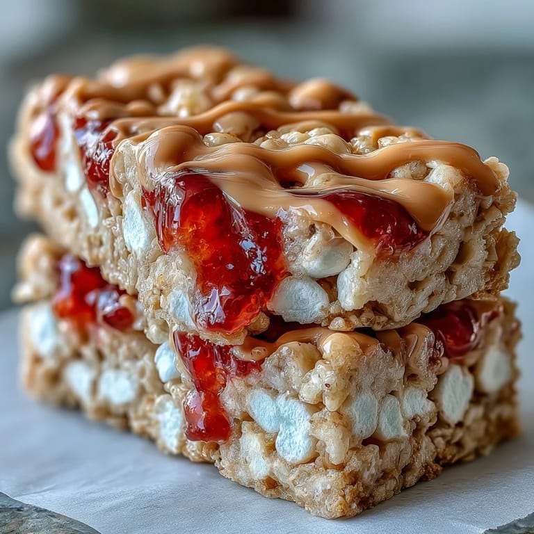 Freshly cut squares of High-Protein PB&J Rice Krispie Bars stacked on parchment, ready for a post-workout snack.