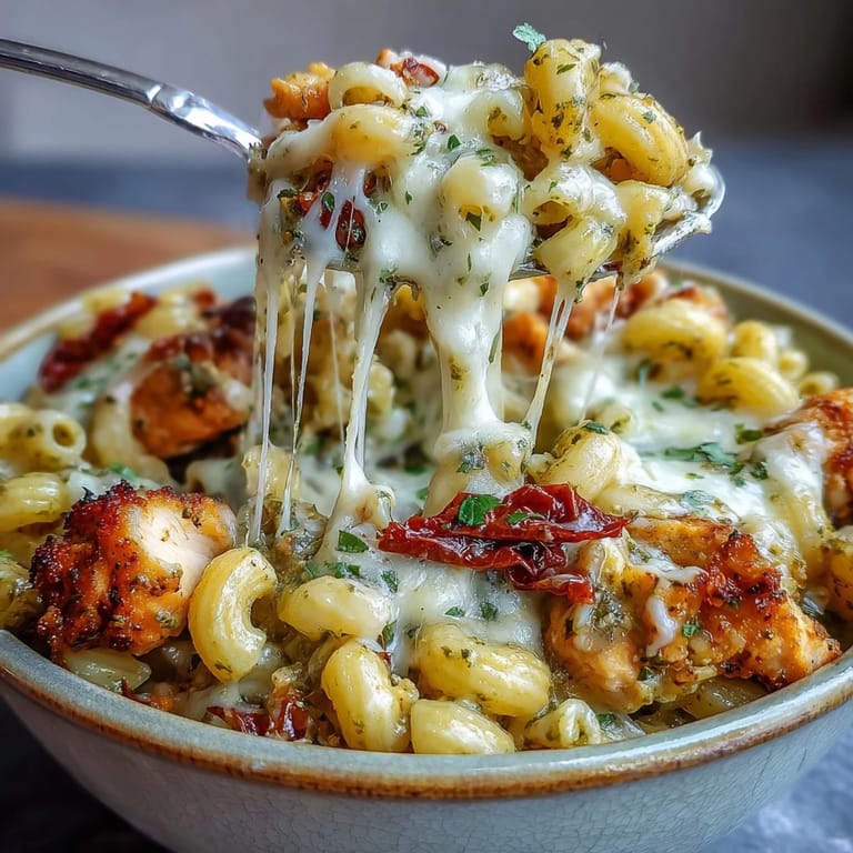 Steaming pot of Pesto Chicken Chili Mac with tender chicken pieces, pasta, and a rich, green pesto sauce.