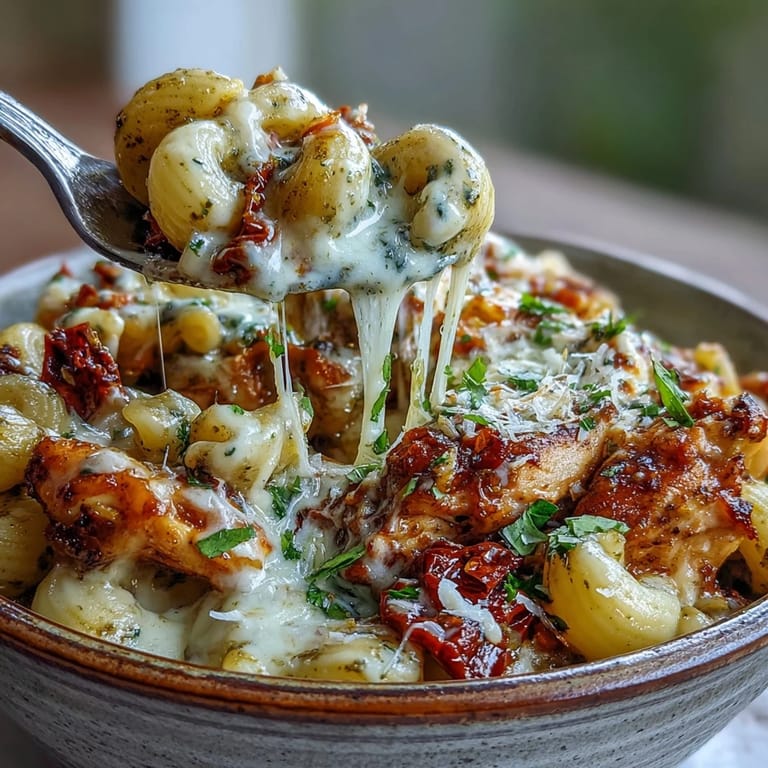 Family-style serving of Pesto Chicken Chili Mac garnished with extra Parmesan, ready to enjoy with garlic bread.