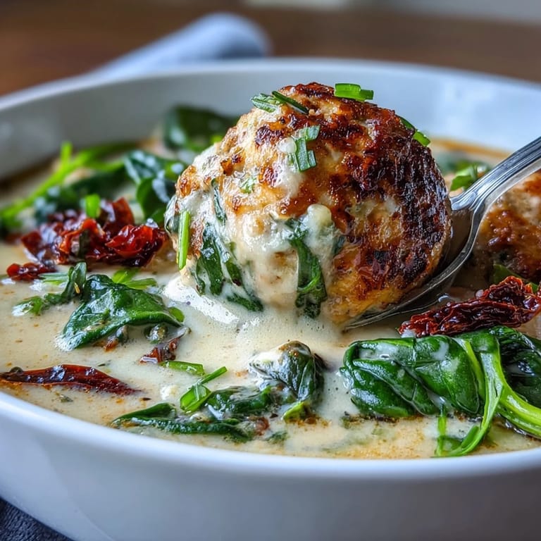 Close-up of tender turkey meatballs and creamy broth in a warm Creamy Tuscan Turkey Meatball Soup.