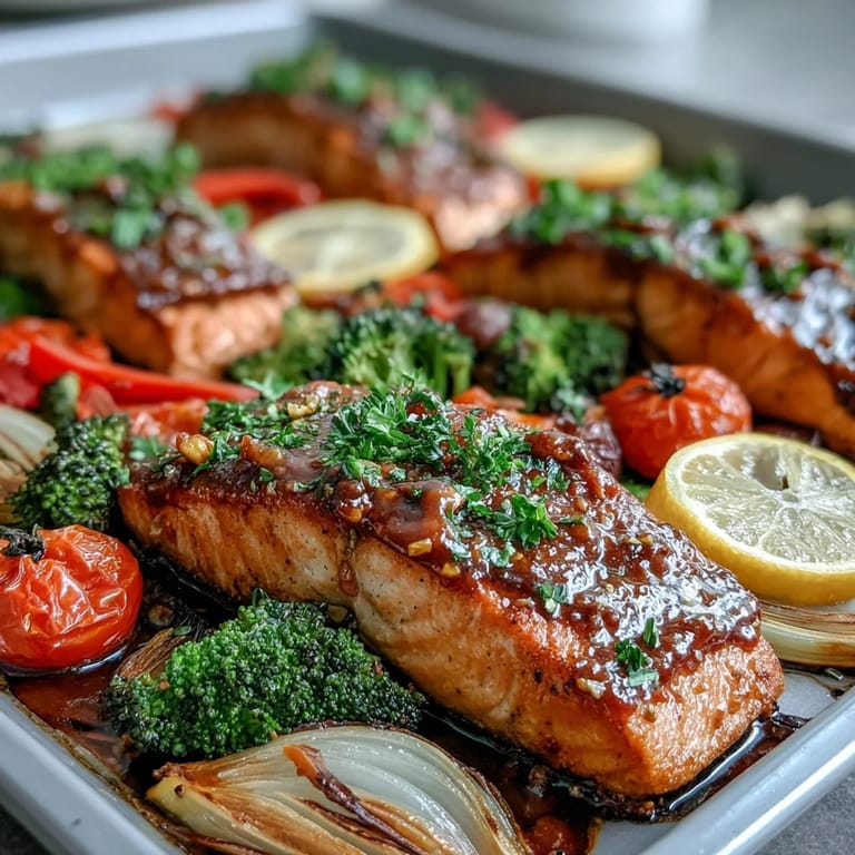 Golden, glazed Sheet Pan Dijon Salmon with Roasted Vegetables arranged on a baking sheet, drizzled with tangy Dijon sauce and garnished with fresh parsley and lemon wedges.