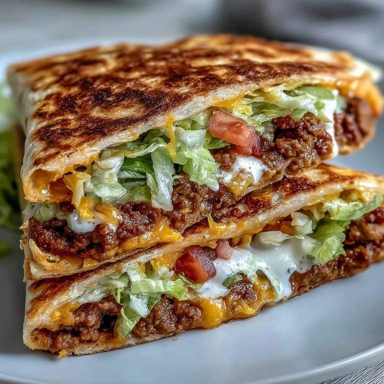 Golden, crispy Keto Taco Bell Copycat Crunchwrap stuffed with seasoned beef, melted cheddar, and crisp lettuce on a plate.