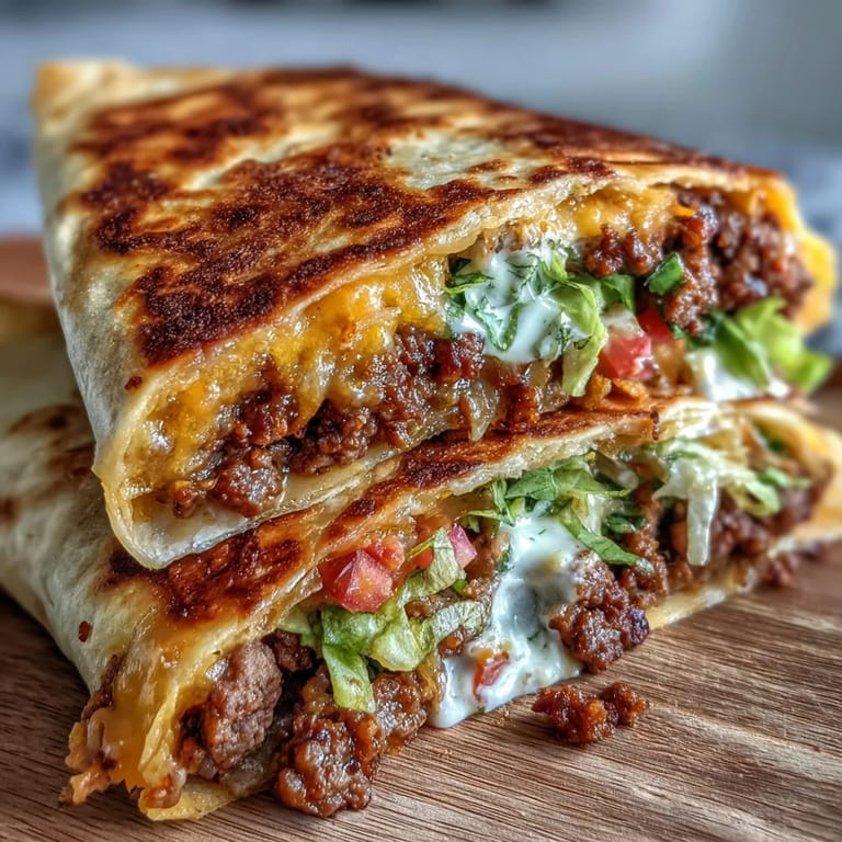 Golden, crispy Keto Taco Bell Copycat Crunchwrap stuffed with seasoned beef, melted cheddar, and crisp lettuce on a plate.