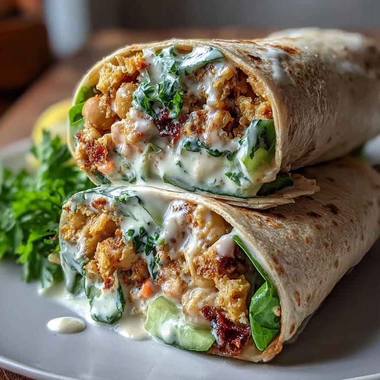 Fresh Vegan Lemon Tahini Chickpea Wraps filled with smashed chickpeas, spinach, and shredded carrots served with lemon wedges.