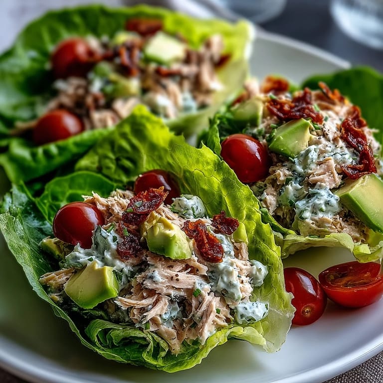 Freshly made High-Protein Tuna Salad Lettuce Cups garnished with parsley and lemon, served on a light lunch plate.