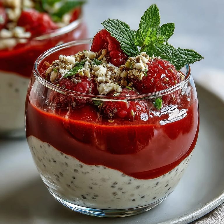 The Vegan Raspberry Coconut Chia Parfaits feature smooth chia pudding, tangy raspberry sauce, and optional mint garnish for a refreshing dessert.