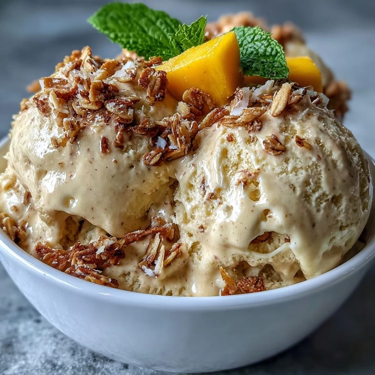 Vibrant dairy-free mango coconut ice cream topped with golden toasted oats and fresh fruit slices.  