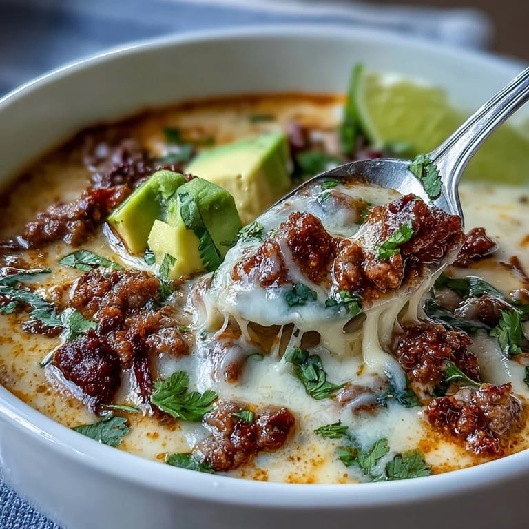 Warm bowl of keto taco soup loaded with ground beef, melty cheese, and diced avocado for a satisfying meal.