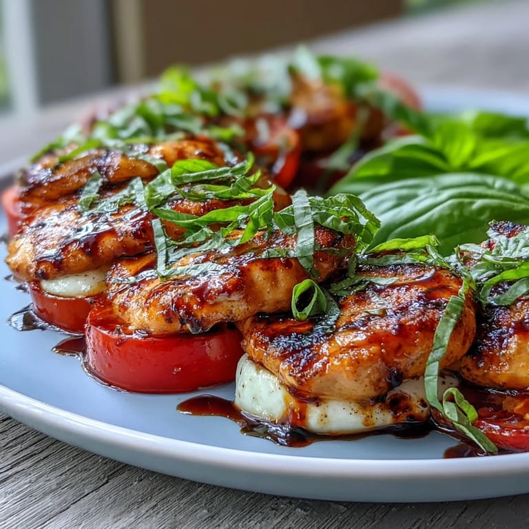 Colorful caprese salad with juicy grilled chicken, fresh mozzarella, and sweet tomatoes, drizzled with rich balsamic reduction for a summer meal.  