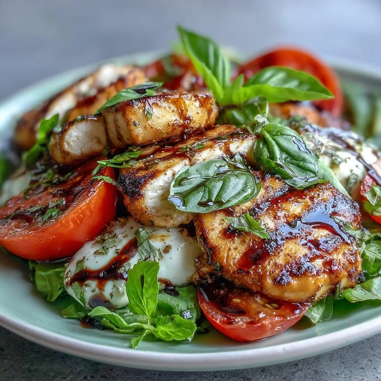 Light and healthy grilled chicken caprese salad with vibrant basil, creamy mozzarella, and tangy balsamic glaze, perfect for a quick dinner.