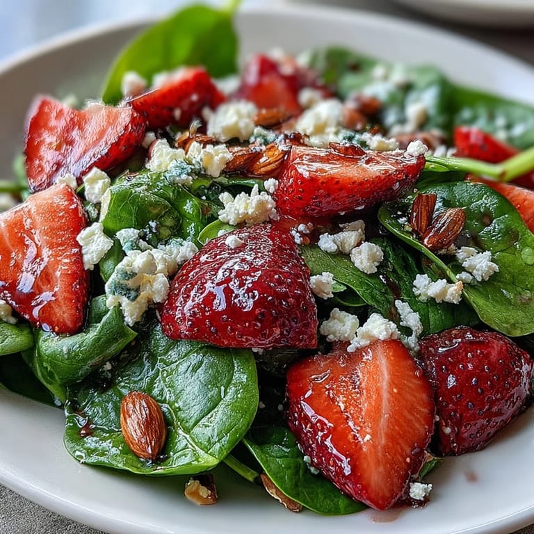 Bright and colorful strawberry spinach salad with feta and almonds, perfect for a light lunch or summer gathering.