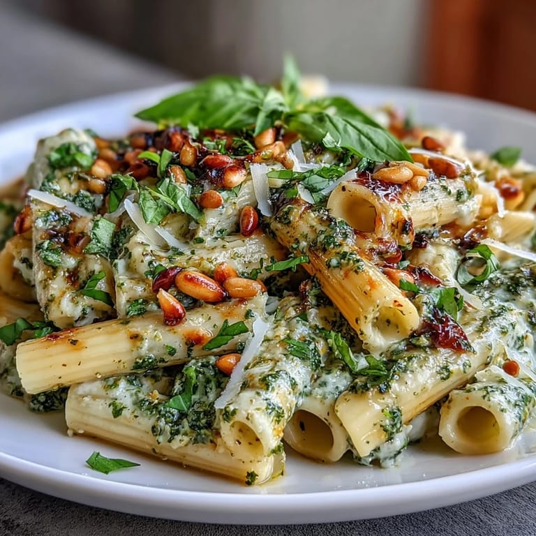 Rich and creamy pesto pasta with cream cheese, basil, and pine nuts served on a rustic white plate.