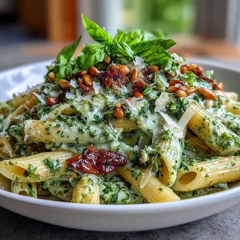Velvety cream cheese pesto pasta garnished with fresh basil leaves and crunchy toasted pine nuts for a luxurious meal.  