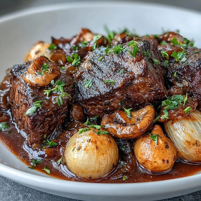 Savory Wild Mushroom Beef Bourguignon with caramelized pearl onions, tender beef, and deep burgundy sauce served in a cast-iron pot.