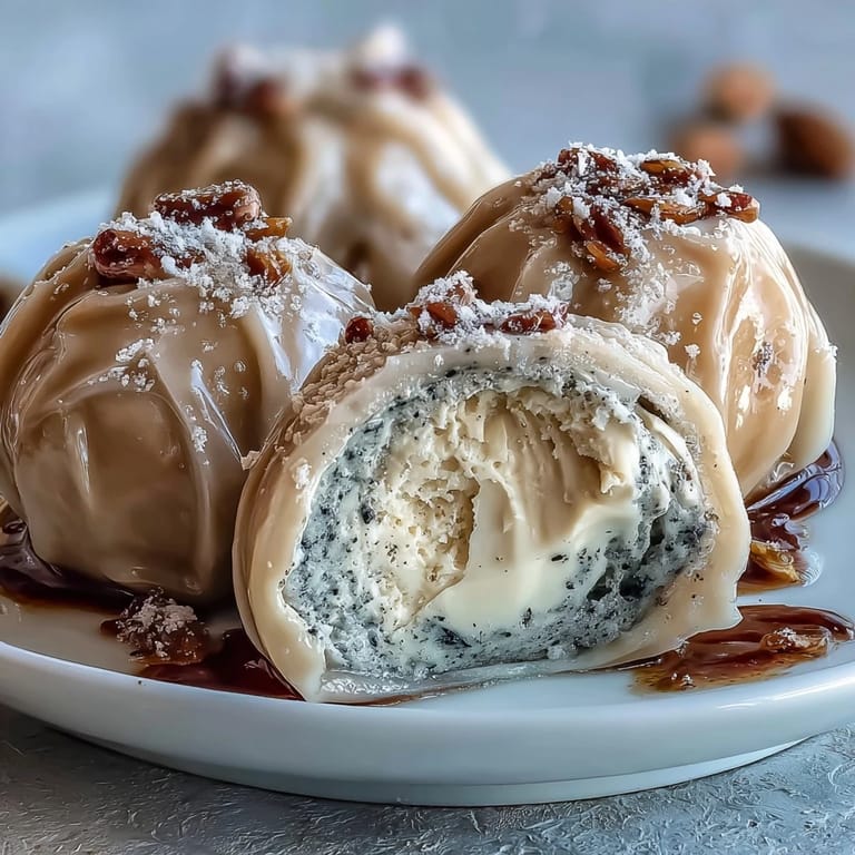Nutty black sesame ice cream encased in delicate mochi dough, offering a perfect blend of flavor and texture.