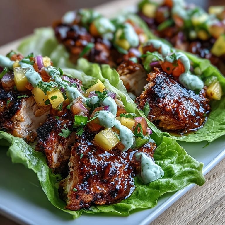 Spicy jerk chicken in lettuce cups with zesty mango salsa and smooth coconut crema, perfect for a light gluten-free meal.