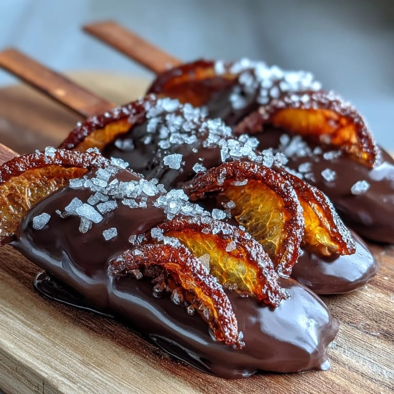 Rich dark chocolate-coated stirrers featuring vibrant candied orange peel, ideal for sharing or gifting.  