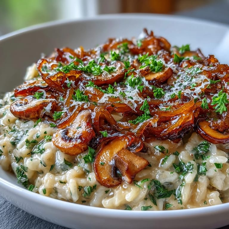 Savory mushroom risotto with sweet caramelized onions, garnished with parsley and served in a shallow bowl.