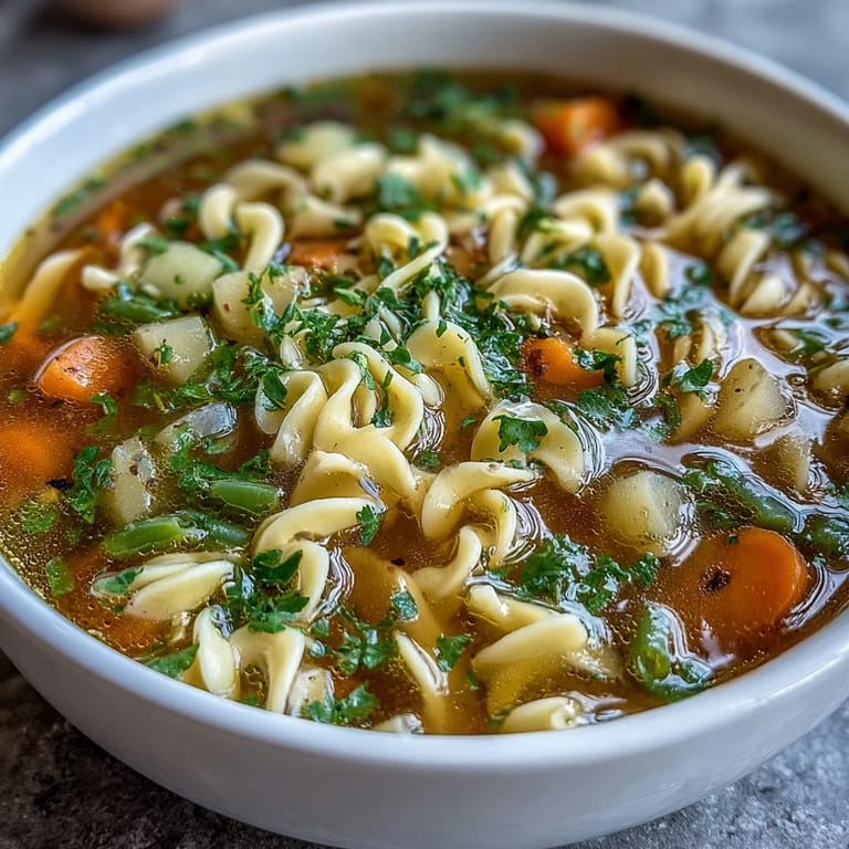 Hearty vegetable noodle soup with seasonal vegetables and soft noodles, garnished with fresh parsley for a comforting meal.  