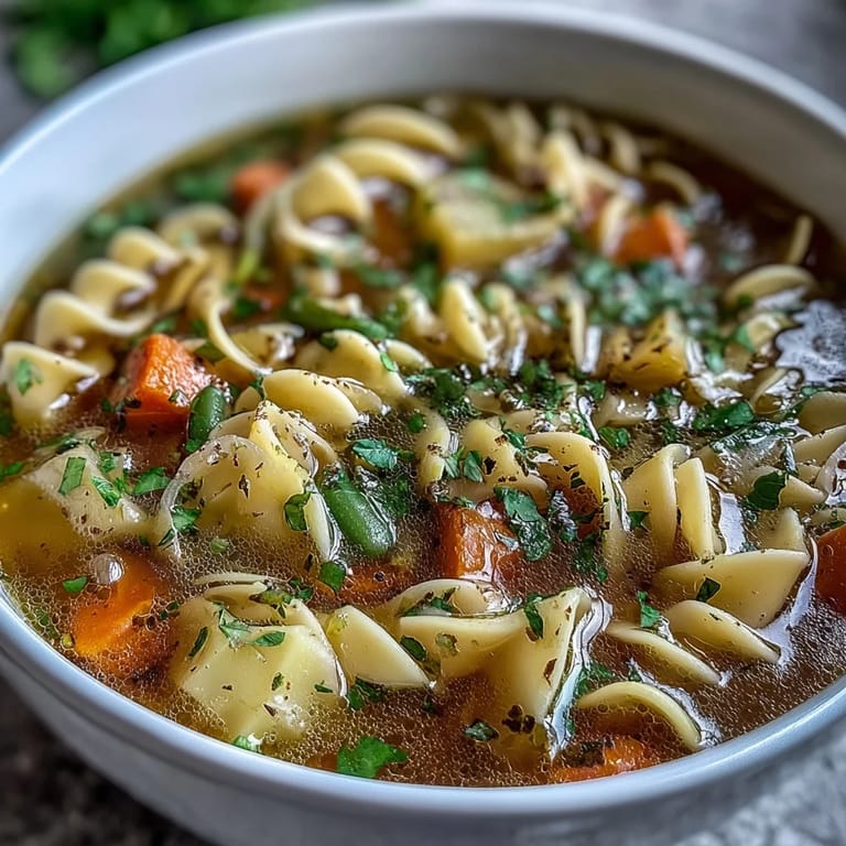 Cozy vegetable noodle soup brimming with diced potatoes, green beans, and pasta, served hot for chilly days.