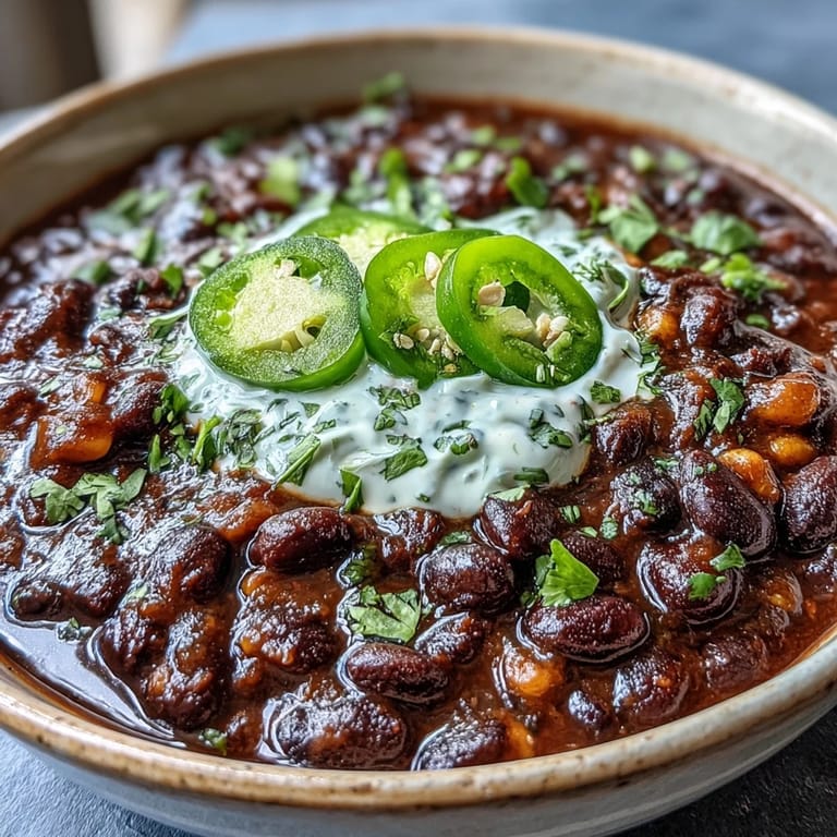 Flavorful black bean and corn chili served hot with zesty lime crema and avocado slices.