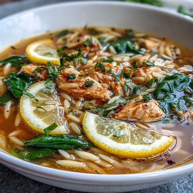 Warm lemon chicken orzo soup filled with orzo pasta, fresh spinach, and aromatic herbs, served with lemon wedges.