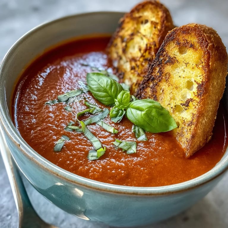 Rich tomato basil soup topped with fresh basil, alongside warm sourdough dippers perfect for cozy dining.
