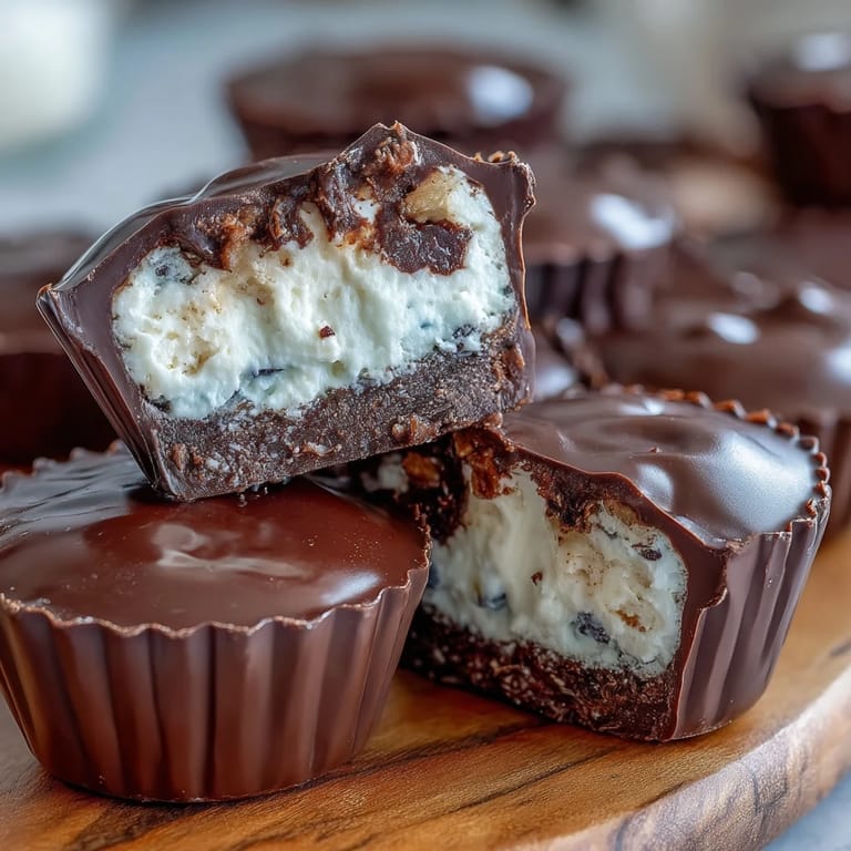 Indulgent dark chocolate peanut butter cups with a smooth, protein-rich Greek yogurt filling, ideal for guilt-free sweet cravings.