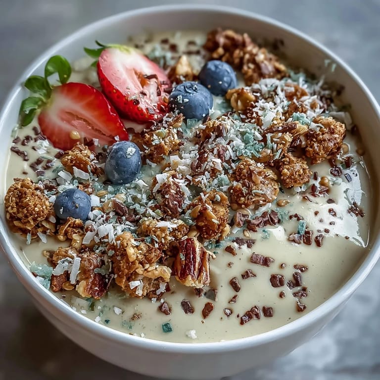 Indulge in this coffee-infused smoothie bowl with rich vanilla bean flavor, granola, and seasonal fruit—perfect for a quick, energizing morning meal.