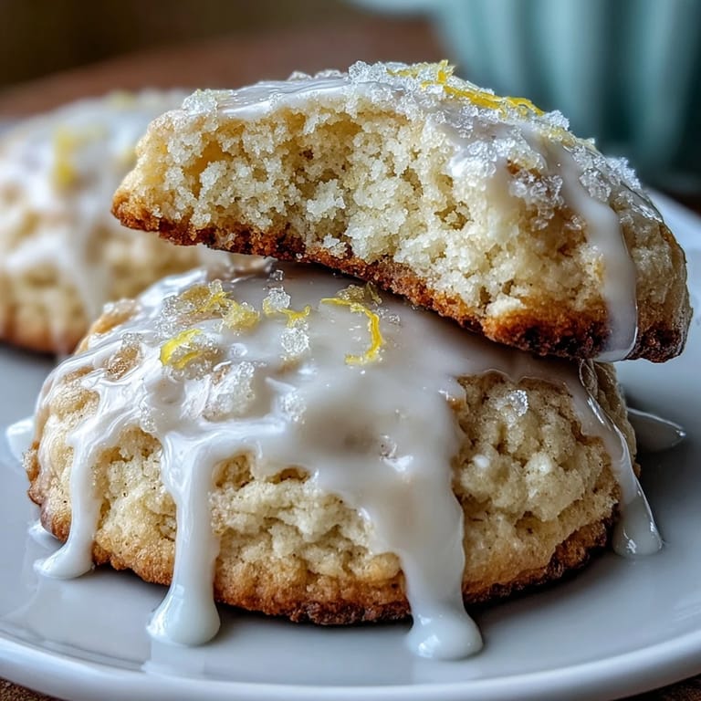 Freshly baked cottage cheese lemon cookies with bright citrus glaze, offering a moist and tangy treat.  